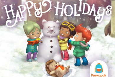 Happy holidays from the Peekapak team! Menka, Cody, Leo and Kenji build a snowman.