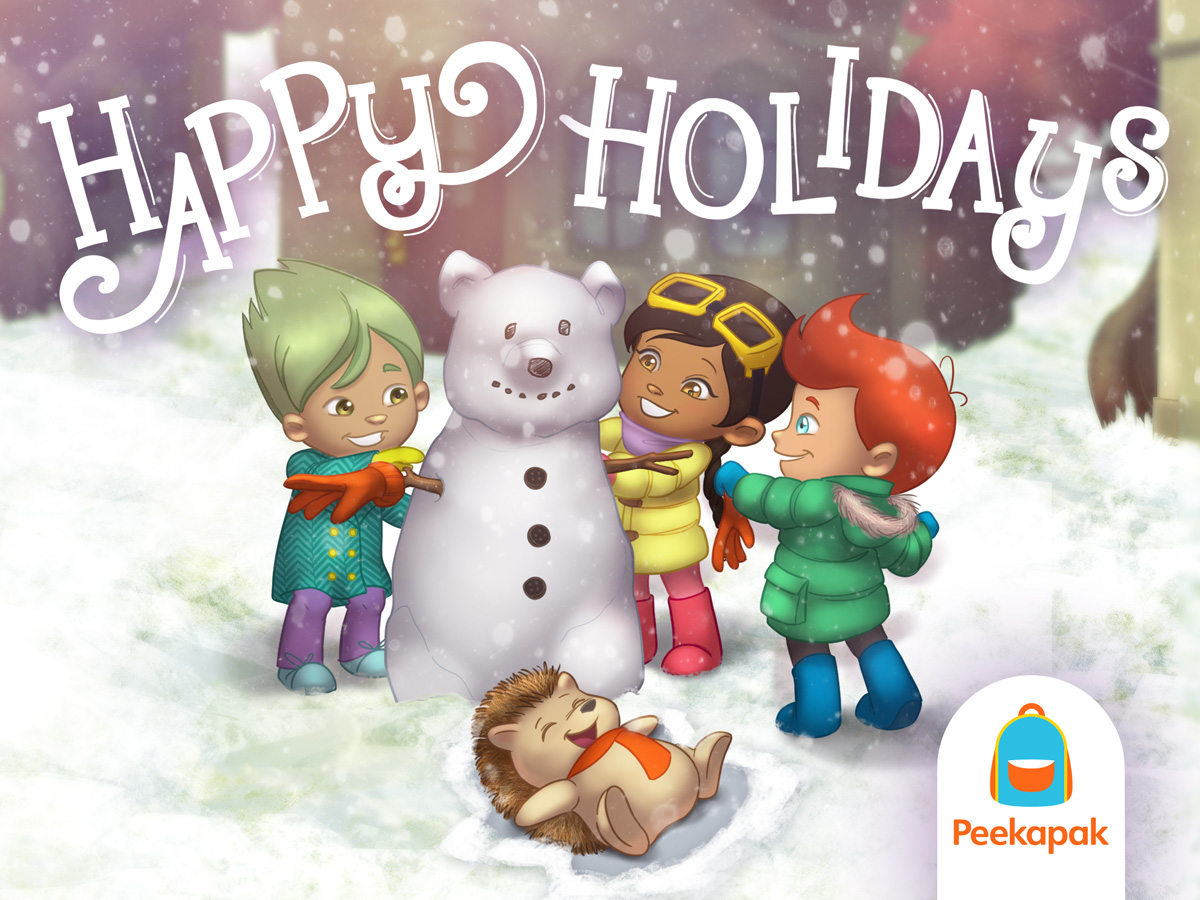 Happy holidays from the Peekapak team! Menka, Cody, Leo and Kenji build a snowman.